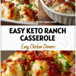 Creamy Keto Chicken Bacon Ranch Casserole baked with gooey cheese and crispy bacon topping.